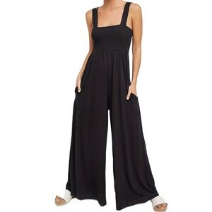 NEW Comfy All-Day Black Shirred Chiffon Bandeau Strap Jumpsuit Anthropologie